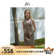 H's亞麻連衣裙女25夏新款斜裁U領設計親膚透氣修身顯瘦夏季長裙裝 灰卡其 S
