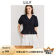 LILY2025夏新款女裝法式浪漫V領(lǐng)收腰休閑百搭通勤泡泡袖短袖襯衫 411藏青 M