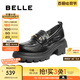 百麗（Belle）復(fù)古抓皺鎏金樂福鞋女2025秋新商場同款牛皮粗跟jk樂福鞋E1Y1DCA5 黑色 37