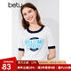 百圖betu女裝夏季新款毛針織衫圓領(lǐng)撞色邊字母圖案短袖女2405X06 白色 L