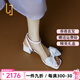 OLJ奢侈高端品牌一字帶蝴蝶結(jié)粗跟涼鞋女2025新款休閑真皮高跟鞋 米白色 37