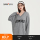 三福毛衣2024冬季字母繡花V領(lǐng)寬松長款休閑上衣女裝492508 淺花灰 S