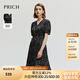 PRICH法式泡泡袖V領收腰印花連衣裙夏季款休閑顯瘦通勤中長裙女 19黑色 M 165