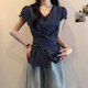 夏蓓朵2025夏季新款蕾絲花邊短袖襯衫女蝴蝶結系帶泡泡袖襯衣收腰上衣潮 藍色 L 105-115斤