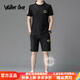 Walker Shop品牌運動套裝男【甄選面料】夏季新款休閑套裝短袖短褲舒適兩件套 黑色 XL （建議130-145斤）