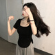 九寸陽(yáng)光短袖T恤女正肩2024夏季新款正肩方領(lǐng)顯瘦短款修身上衣打底衫甜辣 黑色 M 建議【90-102斤】