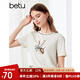 百圖betu女裝夏季新款T恤撞色圓領(lǐng)兔子印花繡花圖案短袖女2406T18 米白 M