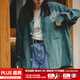 馬登女裝 美式復(fù)古磨毛刺繡襯衫桃皮絨寬松翻領(lǐng)保齡球襯衣女潮夏季 墨綠色 馬登工裝 S
