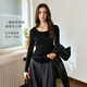 Olrain歐芮兒法式斜肩針織T恤女裝秋季新款蕩領(lǐng)系帶長(cháng)袖上衣 黑色 M