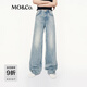 MO&Co.牛仔褲2025秋新品做舊洗褪淺藍(lán)貓須擦色棉高腰直筒闊腿MBE3JEN009 牛仔藍(lán)色 L /L
