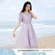 香影氣質印花連衣裙女2025夏裝新款米白色泡泡袖圓領中長絕美裙子 淺紫 XL 170/92A/125-140斤