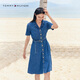 TOMMY HILFIGER【收腰顯瘦】25夏季女純棉古巴領(lǐng)氣質(zhì)牛仔襯衫裙連衣裙04402 牛仔藍(lán)8KB M