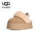 UGG秋季新款女士厚底LOGO松緊帶懶人毛毛鞋 1113474MDSD|芥菜籽色38