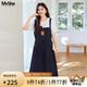 MsShe【假兩件仿牛仔連衣裙】大碼女裝2025夏季胖mm巨顯瘦a字裙子 藏青藍色現(xiàn)貨 2XL