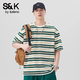班尼路（Baleno）S&K條紋撞色寬松冰絲短袖休閑夏季男T恤寬松美式復古圓領(lǐng)打底衫 綠色 【官方正品】 XL 碼 【建議140-155斤】