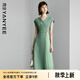 顏域短袖V領連衣裙2024新款女夏季設計感綠色收腰百褶拼接裙子女 綠色 L/40