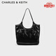 CHARLES&KEITH柔軟褶皺大容量單肩托特包包女包生日禮物七夕禮物CK2-30782457 Black黑色 大包