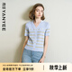 顏域條紋短袖針織衫女2025夏裝新款薄款透氣通勤女式氣質(zhì)V領(lǐng)上衣 藍(lán)條 L