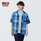無印良品（MUJI） 男式 馬德拉斯格紋 開領短袖衫 男士襯衫襯衣外套 格子 純棉全棉 藍色格紋 S(165/84A)