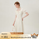 范思藍(lán)恩法式方領(lǐng)連衣裙女夏裝新款設(shè)計(jì)感飄逸立體花朵高腰A字裙 杏色 M