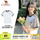 駱駝純棉T恤女2025春夏休閑簡約三條杠微寬松純棉短袖上衣男 N056A，無際白/幻影黑 ，中性【微寬版】 S