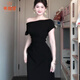 乖甜星赫本風(fēng)法式黑色一字肩連衣裙子女裝夏季2026新款氣質(zhì)收腰包臀長(cháng)裙 黑色 2XL