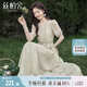 絲柏舍系帶連衣裙2024夏裝新款女裝優(yōu)雅甜美壓褶印花中長裙