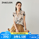 兆君2025春夏桑蠶絲新款藝術(shù)印花襯衫女短袖寬松襯衣真絲雙縐上衣 黑花 XL