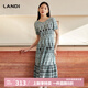 藍(lán)地（LANDI）波西米亞風(fēng)印花復(fù)古連衣裙女短袖收腰中長裙夏新品 葉綠色 M