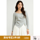 獨束大碼女裝芭蕾風(fēng)褶皺長袖T恤2025春季新品不對稱下擺顯瘦上衣 花灰色 2XL (尺碼：4)