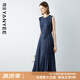 顏域藍(lán)色提花連衣裙2024新款女夏季蕾絲拼接圓領(lǐng)背心裙中長(zhǎng)款裙子 深藍(lán) XL