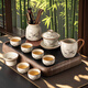 瓷牌茗茶具 富竹蓋碗茶壺茶具整套高檔汝窯功夫泡茶器全套家用開片可養(yǎng)茶具 汝窯富竹蓋碗10件套+茶道+茶盤