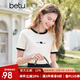 百圖betu女裝2025春夏新款T恤撞色圓領(lǐng)上衣字母膠印肌理短袖女2502T27 杏色 M