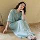 族瑪士夏季短袖全棉睡裙睡衣女純棉紗布夏天大碼開(kāi)衫刺繡家居服連衣裙子 S85178#連衣裙-海鹽藍 M 【建議80-120斤穿】尺碼偏大