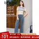 百圖betu女裝春夏新款毛針織衫美式學(xué)院風(fēng)正肩條紋短袖女2402T09 淺杏色 L