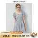 VEGA CHANG法式連衣裙女2025新款夏季甜美減齡格紋方領(lǐng)泡泡袖收腰顯瘦短裙 藍(lán)色格紋 M