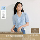 茵曼法式重工刺繡全棉襯衫夏季女裝鏤空花邊V領(lǐng)短袖襯衣 天空藍(lán)  M