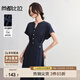 尚都比拉翻邊袖V領(lǐng)氣質(zhì)連衣裙女夏季交叉腰帶撞色扣A字裙修身顯瘦中長(zhǎng)裙