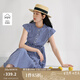 茵曼法式立領(lǐng)格子連衣裙2025夏季女裝新款純棉可調(diào)腰帶大擺長(zhǎng)裙 藍(lán)白格色 M