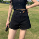 京多夢(mèng)高腰牛仔短褲女時(shí)尚夏季2025新款韓版爆款寬松顯瘦百搭a字闊腿 黑色 L 黑色（100-115斤）