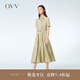 OVV2023春夏新款女裝抽褶收腰襯衫式版型休閑A字傘裙短袖連衣裙 卡其綠（凈色）07 XS