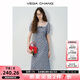 VEGA CHANG藍(lán)白碎花連衣裙女2025新款夏法式方領(lǐng)蝴蝶結(jié)泡泡袖長(zhǎng)裙 霧藍(lán)碎花 S