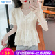 歐貝汐襯衫女短袖夏季雪紡小衫蕾絲刺繡女裝2025新款t恤開衫女士上衣 杏色 L