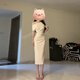 GARNUO法式斜肩連衣裙子女夏季2025新款露肩收腰禮服裙一字肩包臀裙長裙 灰杏色 S 【80-100斤】