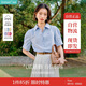 茵曼通勤壓褶泡泡袖全棉襯衫夏季女裝翻領(lǐng)刺繡襯衣上衣 淺藍(lán)色  XL