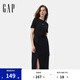 Gap女裝2025夏季新款刺繡logo腰部打結(jié)開叉短袖中長連衣裙765631 黑色 S (160/80A) 亞洲尺碼