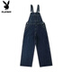 花花公子（PLAYBOY）美式復古設計感牛仔背帶褲男女春秋季直筒寬松高街工裝連體褲子潮 深藍色 S