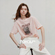 初語(yǔ)圓領(lǐng)寬松鏤空蕾絲衫女2025夏季新款貓咪印花休閑上衣T恤 淺粉色 M