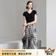 顏域假兩件V領(lǐng)連衣裙女裝2024新款夏裝收腰顯瘦中長款短袖裙子女 黑白花 XL