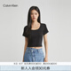 Calvin Klein Jeans夏季女士簡約ck字母壓印袖口辣妹短款重磅短袖T恤J221677 BEH-太空黑 M